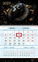 Календарь квартальный 1-блоч на 1 гребне 290х470мм Соло-Люкс Бумага Офсет цветной блок с бегунком цветная подложка на 2025г-Год Змеи- в индив.упак.
